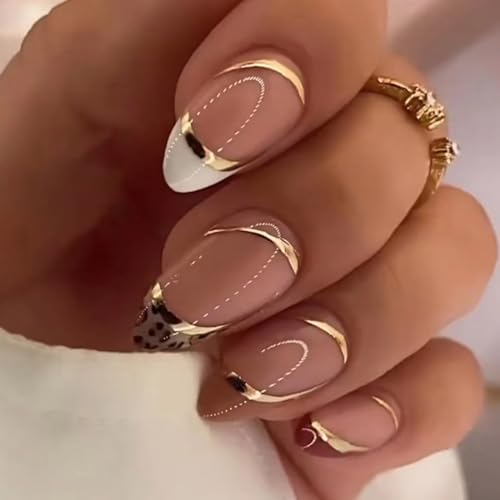 SINLOV Mandel Oval Falsche Nägel 24 Stück Rosa Gold Lange Drücken Sie auf Nägel Leopard Print Gradient Französisch Fake Nails Full Cover Falsche Nägel für Frauen und Mädchen von SINLOV