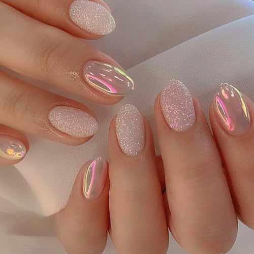 SINLOV Nude Pink French Gradient Fake Nails Oval Glitter Falsche Nägel Glänzend Drücken Sie auf Nägel Ballerina Acryl Full Cover Fake Nails für Frauen und Mädchen von SINLOV