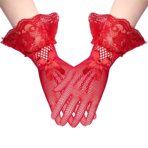 SINLOV Opera Lace Handschuhe Hochzeit Mesh Tüll Abendhandschuhe Strass Fliege Handschuh für Hochzeit Abschlussball Party Cosplay (Rot) von SINLOV