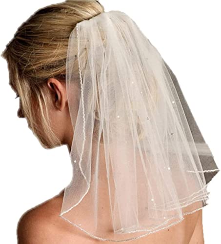 SINLOV Perlen Brautschleier 1-Tier Brautschleier Damen Tüll Schleier Schulterlänge Kurzer Schleier mit Kamm Haarschmuck für Bräute（Weiß） von SINLOV
