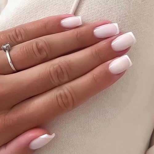 SINLOV Sarg Falsche Nägel Kurz Drücken auf Nägel Weiß Farbverlauf Französisch Fake Nails Ballerina Acryl Stick on Nägel für Frauen und Mädchen von SINLOV