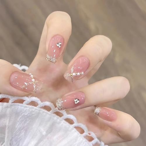 SINLOV Sarg Falsche Nägel Lange Nude Rosa Farbverlauf Gefälschte Nägel Kristall Perle Drücken Sie auf Nägel Französisch Nägel Sparkly Ballerina Acryl Stick auf Nägel für Frauen und Mädchen von SINLOV