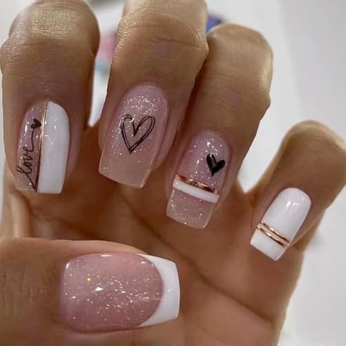 SINLOV Valentinstag kurze quadratische Kunstnägel Love Heart Pink Nude French Falsche Nägel Drücken Sie auf Nägel Glänzend Full Cover Falsche Nägel für Frauen und Mädchen von SINLOV