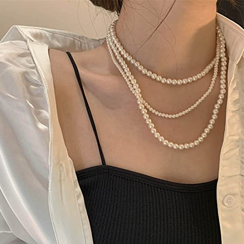 SINLOV Vintage-Perlen-Halskette, geschichtet, rund, Kunstperlen, weiße Perlen, Perlen, Schlüsselbein-Halskette, verstellbarer Schmuck für Frauen und Mädchen (lang) von SINLOV