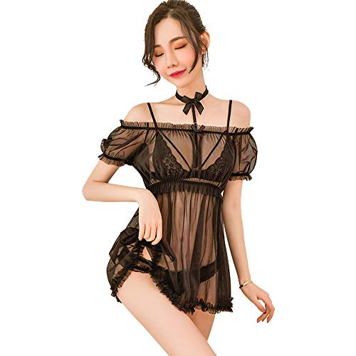 Damen Dessous Sexy Dessous Spitze Hängender Hals Bikini Puffärmel Prinzessin Cosplay Dessous Nachthemd Set, 7839schwarz, Einheitsgröße von SINMIUANIME