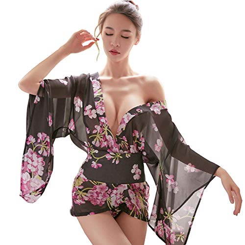 SINMIUANIME Damen-Kimono-Set mit Kimono-Motiv, sexy, bedruckt, Cosplay, Dessous, Kimono-Set, 2213schwarz, Einheitsgröße von SINMIUANIME