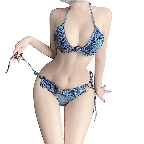 SINMIUANIME Frauen Denim Bikini Set BH Höschen Cosplay Dessous Jeans Shorts für Strand Spiel und Bar Nachtclub Leistung (8027Denim, Small) von SINMIUANIME