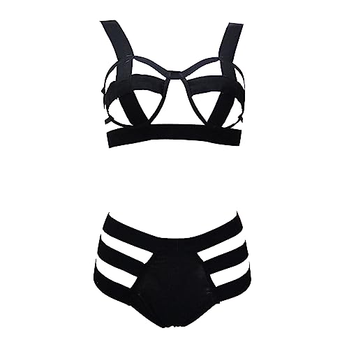 SINMIUANIME Frauen Körper Harness Cosplay Dessous Volle Taille Strumpfband Gürtel Strappy Frame BHS Und Höschen Set (NOX127Schwarz, S) von SINMIUANIME