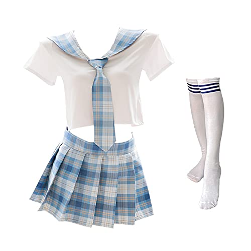 Schulmädchen-Outfits, japanischer karierter Faltenrock, JK-Uniform, Cosplay, Dessous (7039Weißblau) von SINMIUANIME