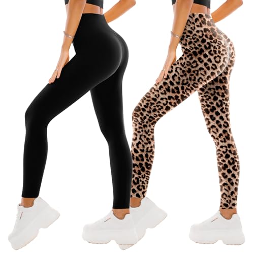 SINOPHANT 2er Pack Leggings Damen High Waist - Sportleggins Elastisch Yogahose Blickdicht Fitness Gym Yoga(2 Schwarz/Leopard,L-XL) von SINOPHANT
