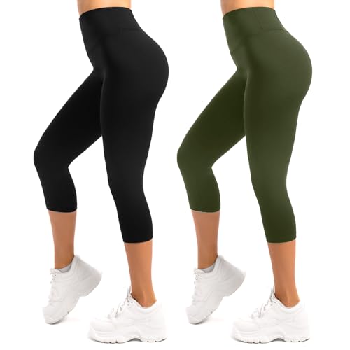 SINOPHANT 3/4 Leggings Damen High Waist Blickdicht Elastische Große Größen Leggins 2 Pack Schwarz&ArmyGreen S-M von SINOPHANT