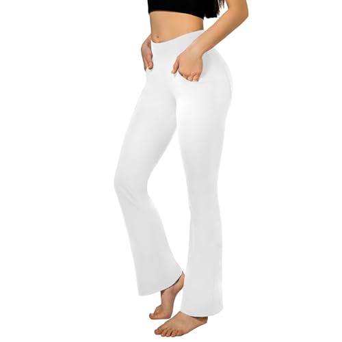 SINOPHANT Flared Yogahose Damen Leggings High Waist Schlaghose Blickdicht Leggins Bootcut Jogginghose with Taschen Weiß M von SINOPHANT