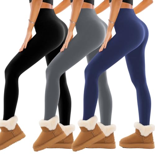 SINOPHANT Thermo Leggings Damen Winter, Fleece Thermoleggins Gefütterte Warm Teddy High Waist Gefütterte Strumpfhose Für Sport 3 Schwarz/Schwarzblau/Grau,XXL von SINOPHANT