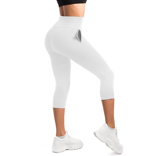 SINOPHANT High Waist Leggings Damen 3/4 Blickdicht Elastische Leggins mit Taschen White XXL von SINOPHANT