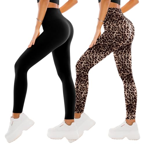 SINOPHANT Leggings Damen High Waist - Blickdicht Leggins mit Bauchkontrolle für Sport Yoga Gym(2 Schwarz/Leopard,S-M) von SINOPHANT