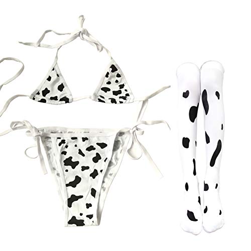 Cosplay Kostüm Anime Sexy Mini Kuh Bikini Dessous Set Dienstmädchen Outfit Dalmatiner Milch Leopard Badeanzug (Bikini BH Set und Kuhstrümpfe) von SINROYEE