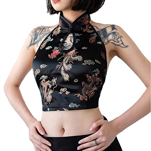 Ärmelloses Neckholder-Top für Damen, bestickt, bauchfrei, chinesisches Cheongsam-Oberteil, Schwarz, Mittel von SINROYEE