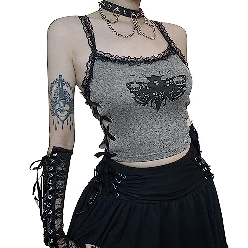 Damen Gothic Cami Crop Top Sexy Tank Tops Ärmellos Spitzenbesatz Punk Strap Crop Tops Sommer Y2k, Grau, L von SINROYEE