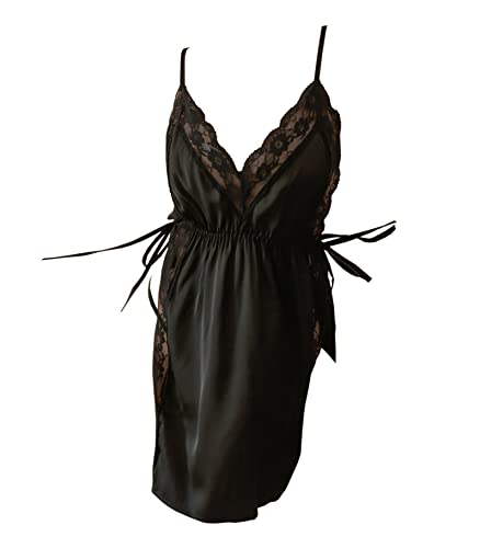 Damen Nachthemd aus Spitze, sexy Unterkleid mit V-Ausschnitt, Slip-Satin, Seide, Negligee, schwarz, Einheitsgröße von SINROYEE