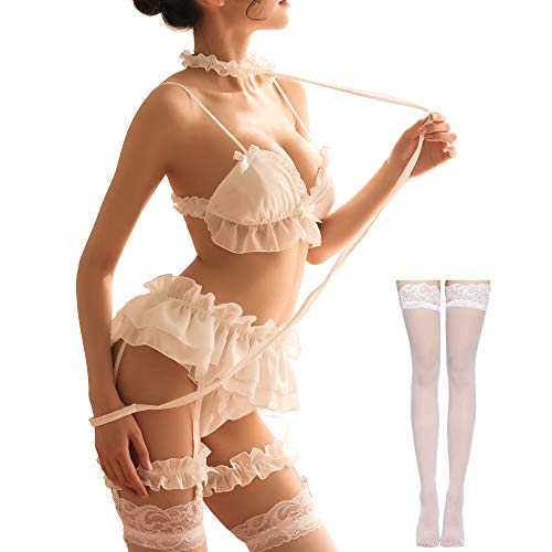 Damen Sexy Cosplay Dessous Set Rüschen Baby Puppe Teddy Outfit BH ein Höschen Nachthemd mit Choker, Weiss/opulenter Garten, Einheitsgröße von SINROYEE