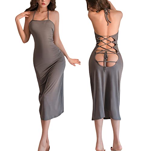 Damen Minikleid mit tiefem V-Ausschnitt, Neckholder, rückenfrei, für Damen, Party, Nacht, sexy, Club, figurbetont, Grauer langer Rock, Einheitsgröße von SINROYEE