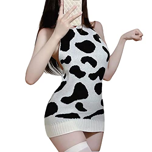 SINROYEE Damen Anime Pullover Japanischer Rollkragen Strickkleid Rückenfrei Pullover Ärmellose Weste Kuh Punkte Jungfrau Killer (Weiße Kuh) von SINROYEE
