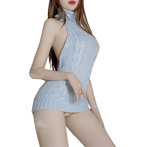 SINROYEE Damen Anime Pullover Japanischer Rollkragen Strickkleid Rückenfrei Pullover Ärmellose Weste Kuhflecken Jungfrau Killer (Hellblau #2) von SINROYEE