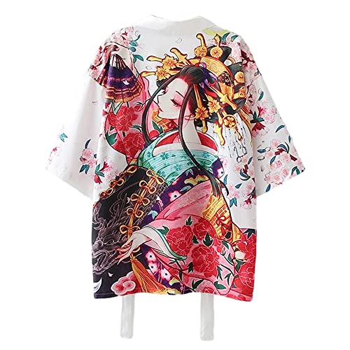 SINROYEE Damen Japanischer Schal Print Kimono Cardigan Tops Cover up Lose Anime 3/4 Ärmel Strand Bluse, Weiß # 5, Einheitsgröße von SINROYEE