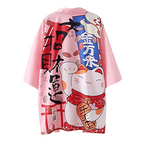 SINROYEE Damen Japanischer Schal Print Kimono Cardigan Tops Cover up Lose Anime 3/4 Ärmel Strand Bluse, Rosa # 3, Einheitsgröße von SINROYEE