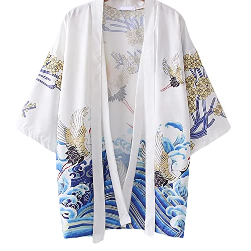 SINROYEE Damen Japanischer Schaldruck Kimono Cardigan Tops Cover Up Lose Anime 3/4 Ärmel Strandbluse, Weiß # 1, Einheitsgröße von SINROYEE