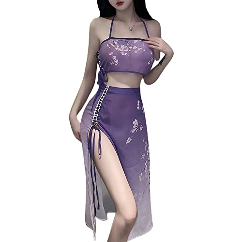 SINROYEE Sexy Anime Cosplay Kostüm Cheongsam hoch geteiltes Kleid chinesischer Hanfu Pyjama für Damen (lila) von SINROYEE