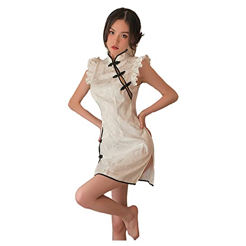 SINROYEE Sexy Cosplay-Dessous für Damen, chinesisches Cheongsam-Kleid, Qipao, Anime, Babydoll-Kostüm, hochgeteiltes Nachthemd (Nr. 6 Weiß) von SINROYEE