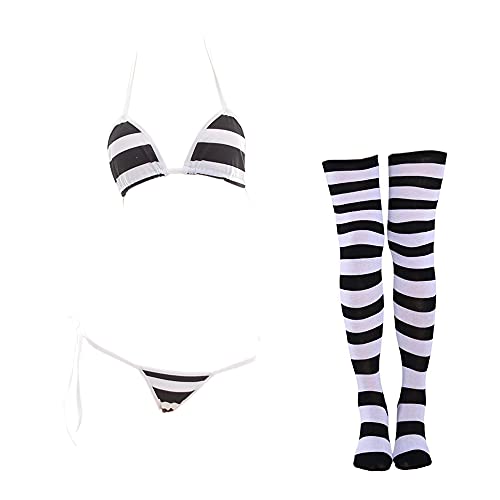 SINROYEE Sexy Dessous-Set für Damen, japanischer Anime-Bikini, gestreift, Oberschenkelhohe Socken, Schwarzer, breiter gestreifter Bikini, Einheitsgröße von SINROYEE