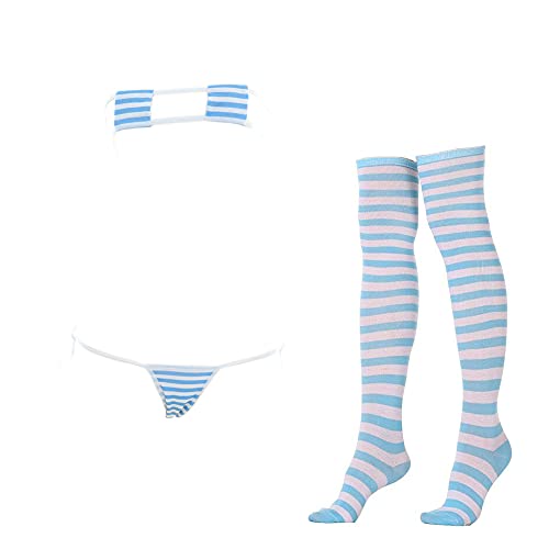 SINROYEE Sexy Dessous-Set für Frauen, japanischer Anime-Bikini, Badeanzug, gestreift mit gestreiften Oberschenkelhohen Socken - - von SINROYEE