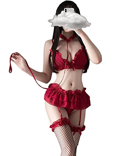 SINROYEE Damen Sexy Cosplay Dessous-Set Rüschen Baby Puppe Teddy Outfit BH und Höschen Nachthemd mit Choker Anime Spitze Babydoll, rot, One size von SINROYEE