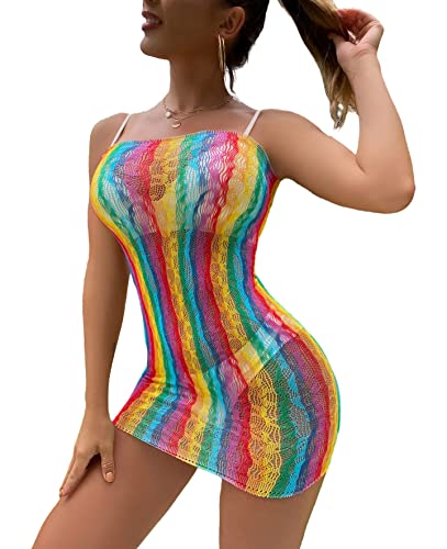 Sexy Dessous-Set für Damen, Fischnetz, Babypuppe, Bodysuit, Nachtwäsche, Chemises, Regenbogenfarbe, 09 von SINROYEE