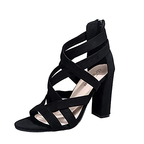 SIOPEW Damen Blockabsatz Sandaletten Retro Ankle Strap Crossover Schuhe Dickem Absatz ReißVerschluss Sandalen Rough High Heel Elegant Peep Toe Pumps Comfort Anti-Rutsch Sandals, Schwarz, 43 EU von SIOPEW