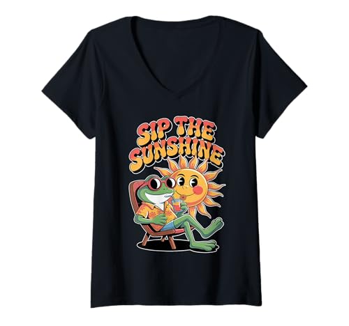 Damen SIP The Sunshine X Spritz Frosch Sonne Sommer Cocktail T-Shirt mit V-Ausschnitt von SIP THE SUNSHINE X Frog on Sunny Vacation