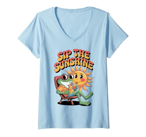 Damen SIP The Sunshine X Spritz Frosch Sonne Sommer Cocktail T-Shirt mit V-Ausschnitt Damen SIP The Sunshine X Spritz Frosch Sonne Sommer Cocktail T-Shirt mit V-Ausschnitt von SIP THE SUNSHINE X Frog on Sunny Vacation