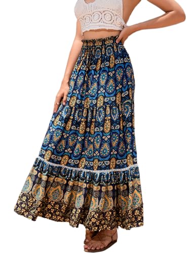 Damen Boho Blumendruck Lange Röcke Sommer Flowy hohe Taille plissiert eine Linie Maxiröcke für Frauen von SIPEIEN