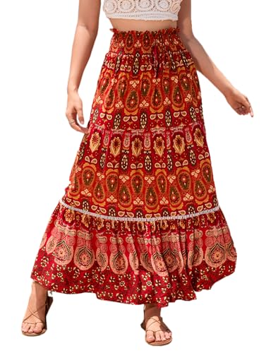 Damen Boho Blumendruck Lange Röcke Sommer Flowy hohe Taille plissiert eine Linie Maxiröcke für Frauen von SIPEIEN