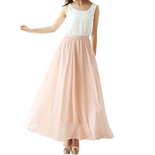 Damen Chiffon Maxirock Lässig Flowy Bund Falten Langer Prom Party Rock Rosa M 90CM von SIPEIEN
