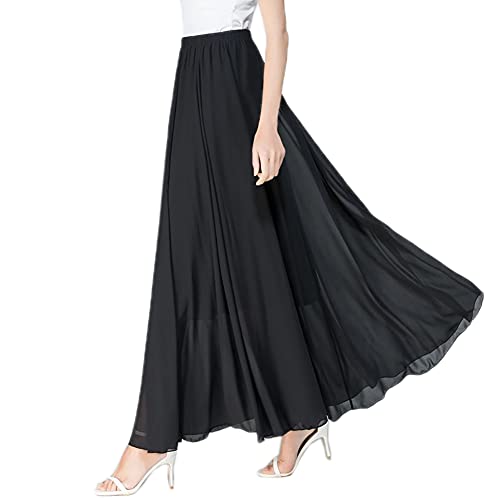 Damen Chiffon Maxirock Lässig Flowy Bund Falten Langer Prom Party Rock Schwarz L 100CM von SIPEIEN