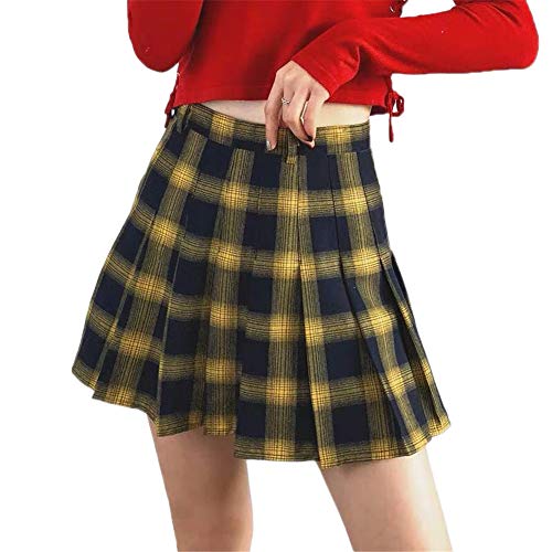 Damen Plaid A-Linie Rock Gothic Hohe Taille Falten Flare Kurz Mini Skater Rock Gelb plissiert S von SIPEIEN