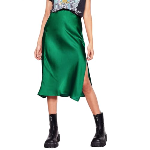 Damen Satin Rock Elastischer Bund Lang Hohe Taille Skirt Elegant geteilter Saum Midirock Midi Business Rock Dunkelgrün S von SIPEIEN