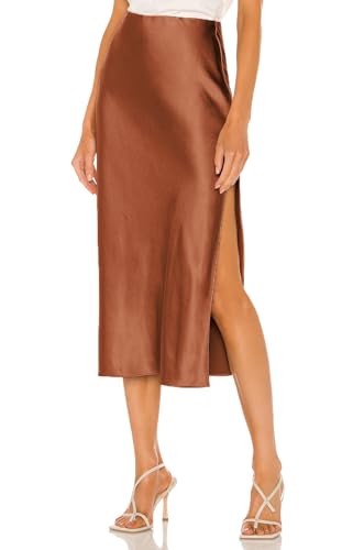 Damen Satin Rock Elastischer Bund Lang Hohe Taille Skirt Elegant geteilter Saum Midirock Midi Business Rock Karamell XL von SIPEIEN