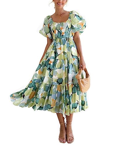 Damen Sommer Boho Foral Flowy Saum Kleid Casual U Hals Puffy Ärmel A Line Smocked Midi Kleid von SIPEIEN