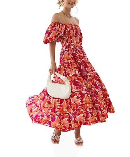 Damen Sommer Boho Foral Flowy Saum Kleid Casual U Hals Puffy Ärmel A Line Smocked Midi Kleid von SIPEIEN