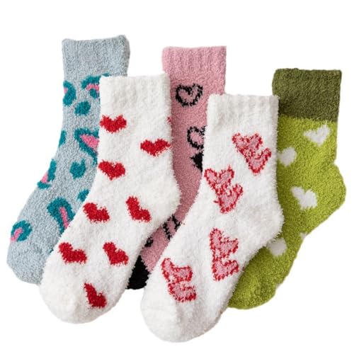 SIPEIEN 5/6 Paar Dicke Kuschelsocken Damen Herren Niedliche Katze mit Herz Baumwolle Winter Flauschige Weihnachten Socken Cartoon-Muster Für Frauen,5 PCs von SIPEIEN