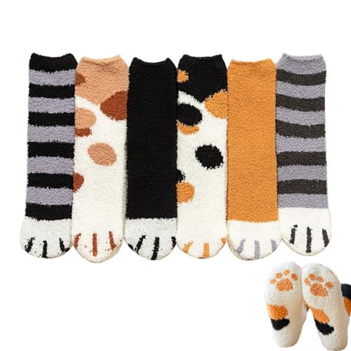 SIPEIEN 5/6 Paar Dicke Kuschelsocken Damen Herren Niedliche Katze mit Herz Baumwolle Winter Flauschige Weihnachten Socken Cartoon-Muster Für Frauen,6 PCs von SIPEIEN